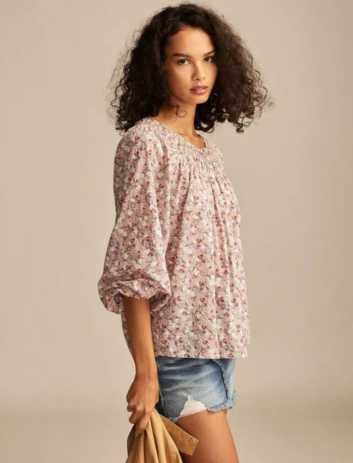 Lucky Brand Blouses Women Easy Smocked Blouse Pink Floral