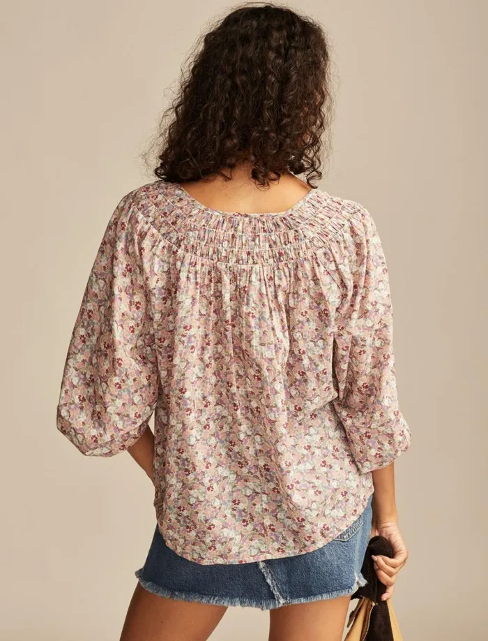 Lucky Brand Blouses Women Easy Smocked Blouse Pink Floral