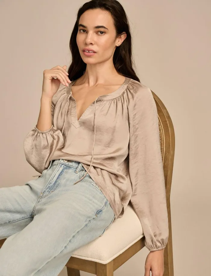 Lucky Brand Blouses Women Notch Neck Peasant Top Stone