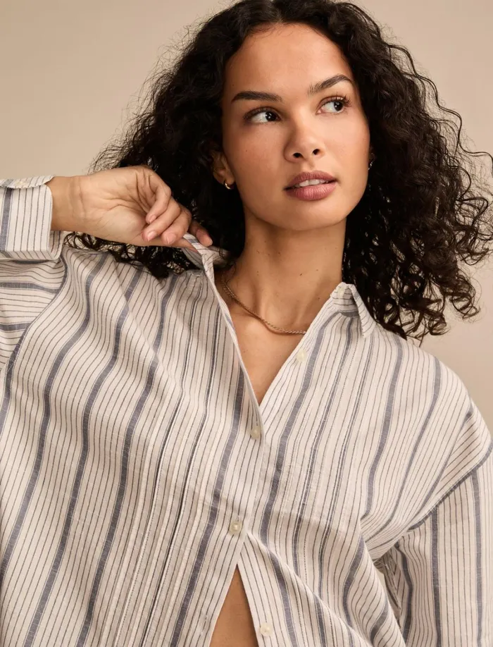 Lucky Brand Blouses Women Pintuck Buttondown Blue Stripe