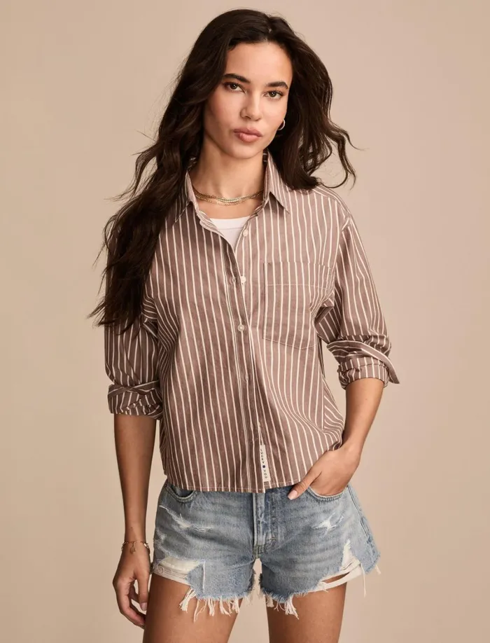 Lucky Brand Blouses Women Poplin Cropped Button Down Brown Stripe