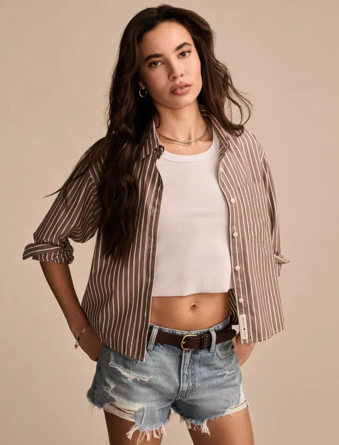 Lucky Brand Blouses Women Poplin Cropped Button Down Brown Stripe