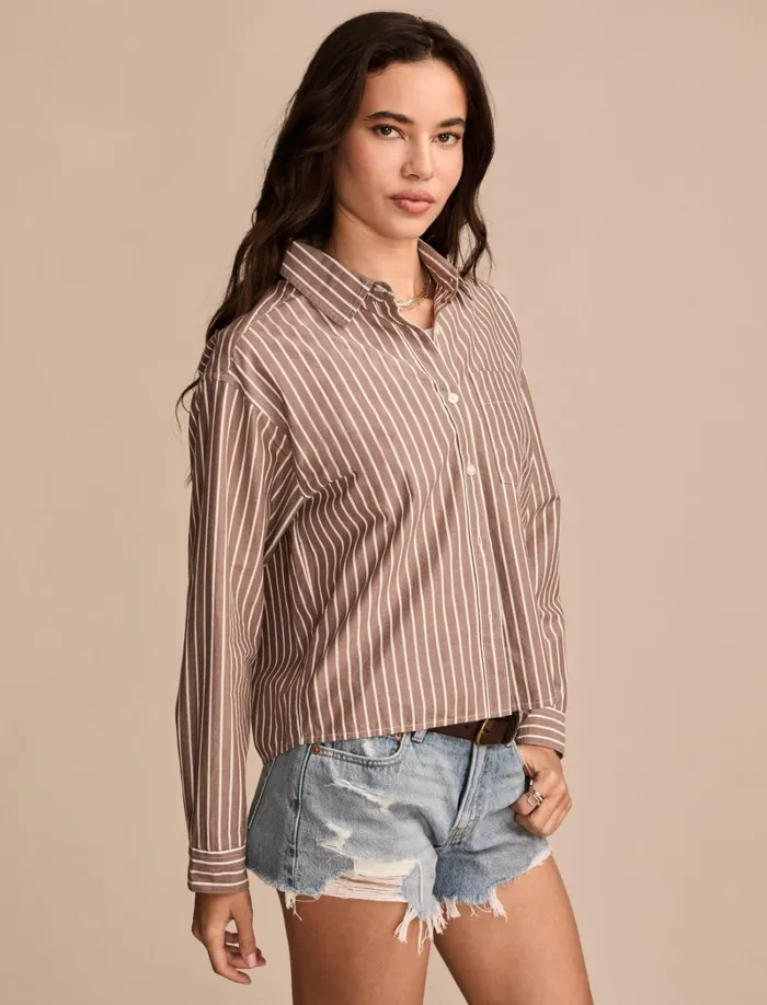 Lucky Brand Blouses Women Poplin Cropped Button Down Brown Stripe