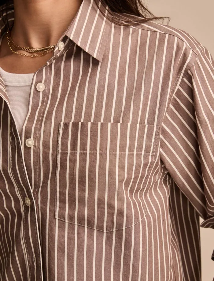 Lucky Brand Blouses Women Poplin Cropped Button Down Brown Stripe