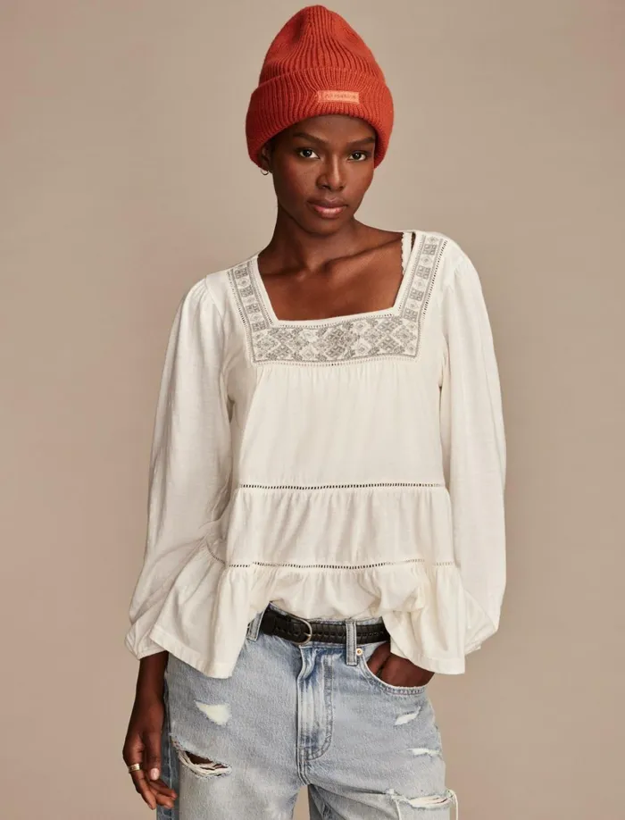 Lucky Brand Blouses Women Square Neck Embroidered Peasant Top Whisper White