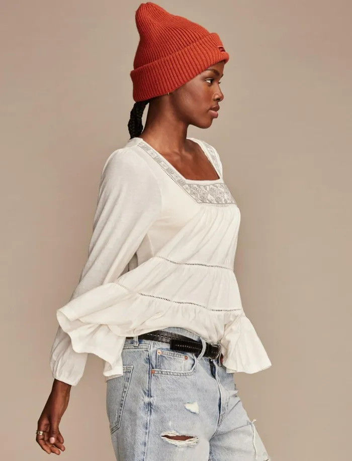 Lucky Brand Blouses Women Square Neck Embroidered Peasant Top Whisper White