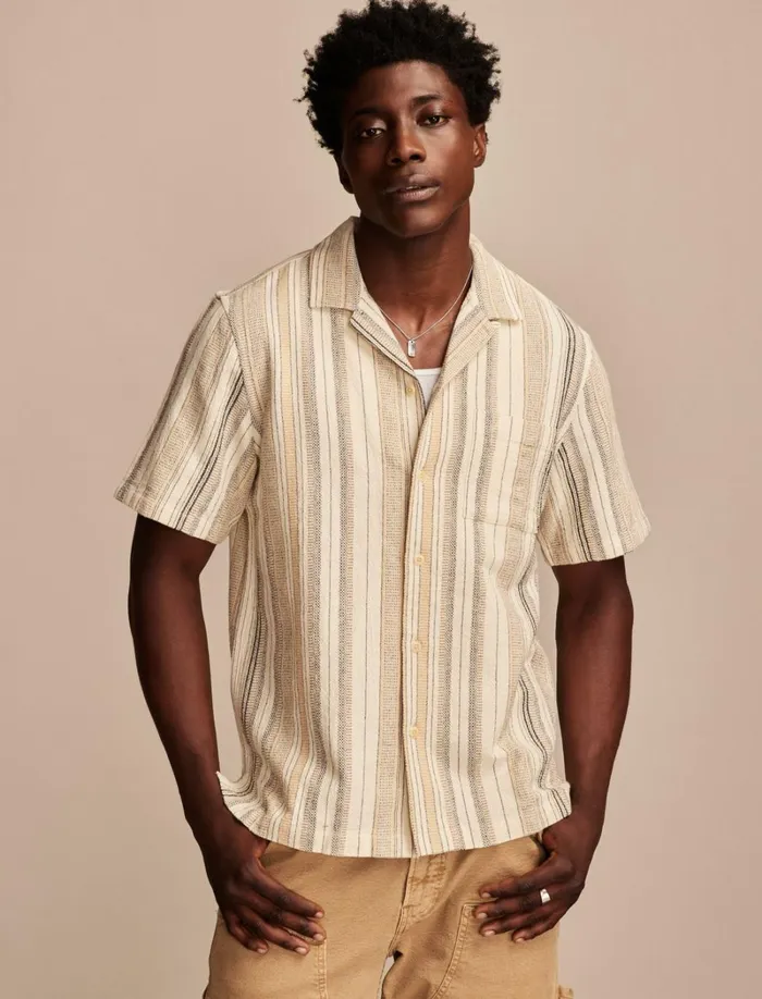 Lucky Brand ButtonDowns Men Stripe Short Sleeve Camp Collar Shirt Cream Multi