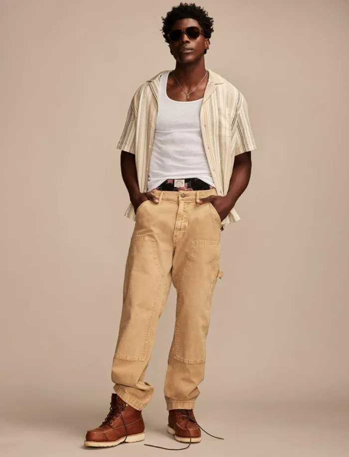 Lucky Brand ButtonDowns Men Stripe Short Sleeve Camp Collar Shirt Cream Multi