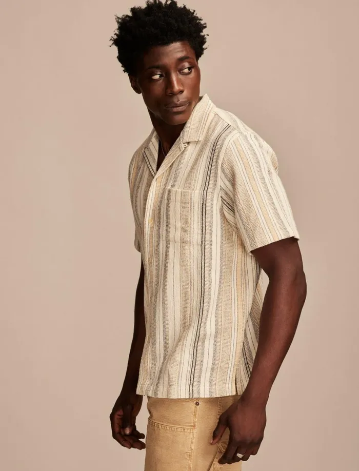 Lucky Brand ButtonDowns Men Stripe Short Sleeve Camp Collar Shirt Cream Multi