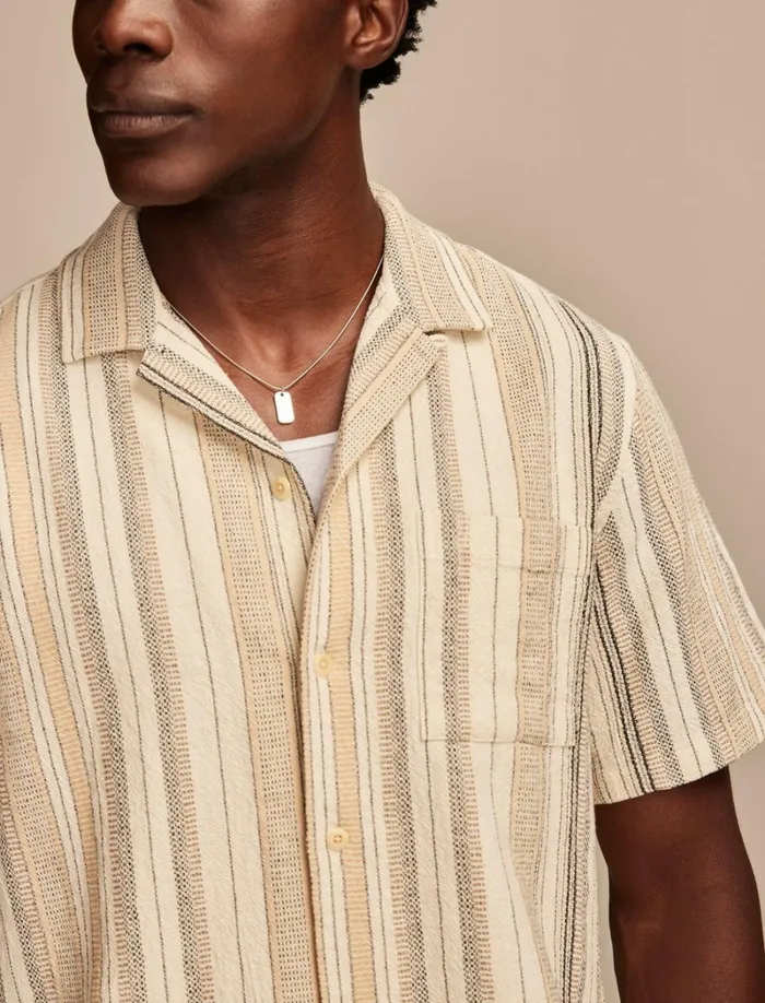 Lucky Brand ButtonDowns Men Stripe Short Sleeve Camp Collar Shirt Cream Multi
