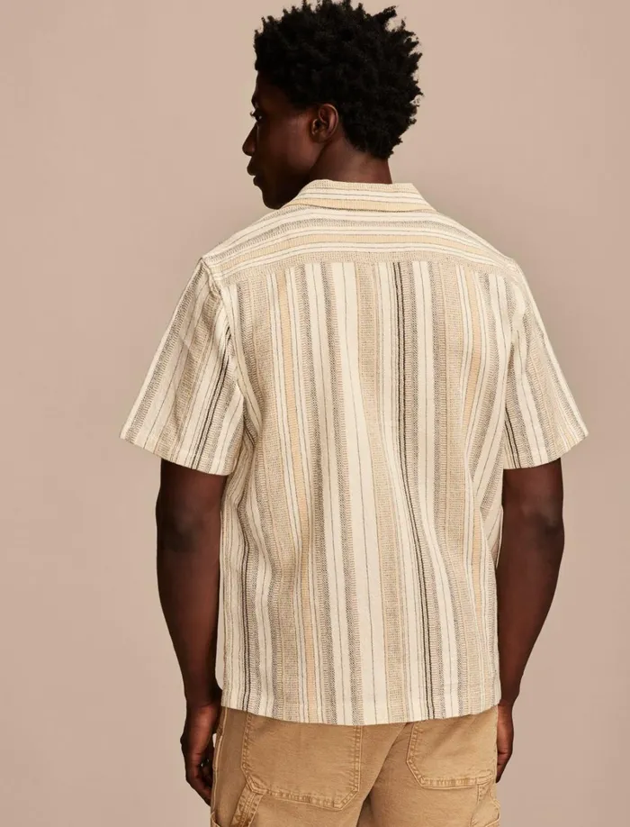 Lucky Brand ButtonDowns Men Stripe Short Sleeve Camp Collar Shirt Cream Multi