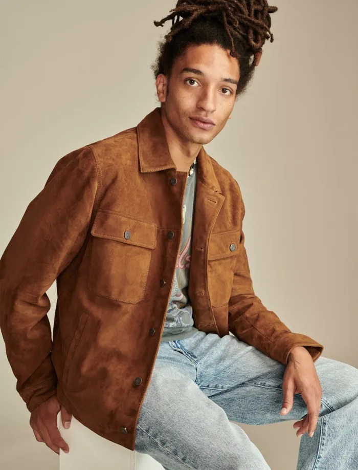 Lucky Brand ButtonDowns Men Suede Shirt Jacket Dark Tan
