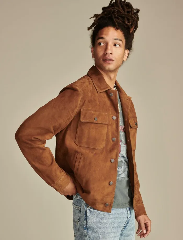 Lucky Brand ButtonDowns Men Suede Shirt Jacket Dark Tan