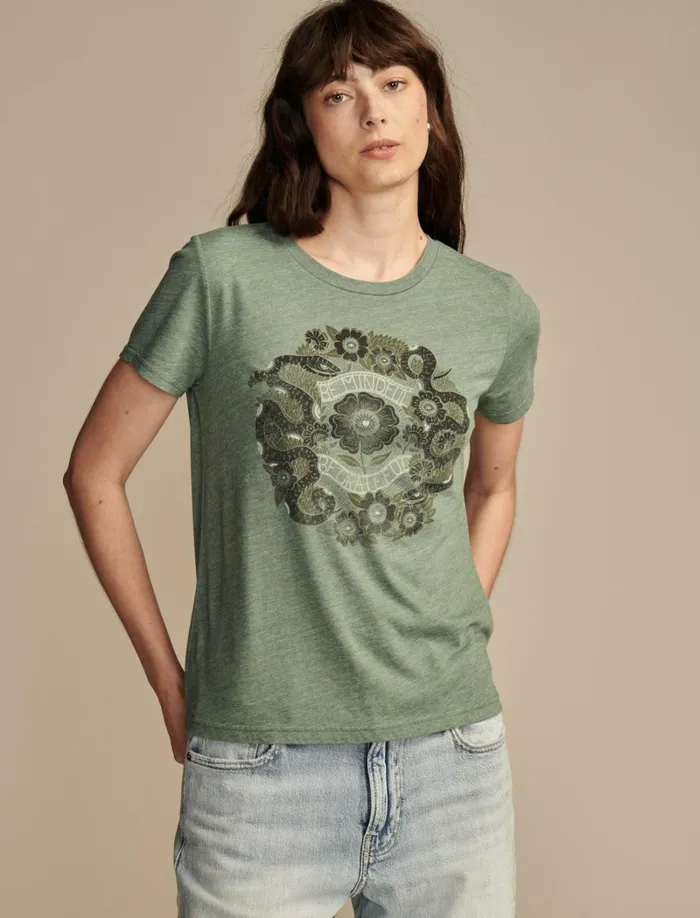 Lucky Brand Graphic Tees Women Be Mindful Be Grateful Classic Crew Vintage Jade