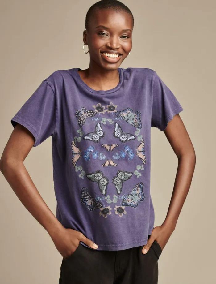 Lucky Brand Graphic Tees Women Butterflies Boyfriend Tee Blue Ribbon
