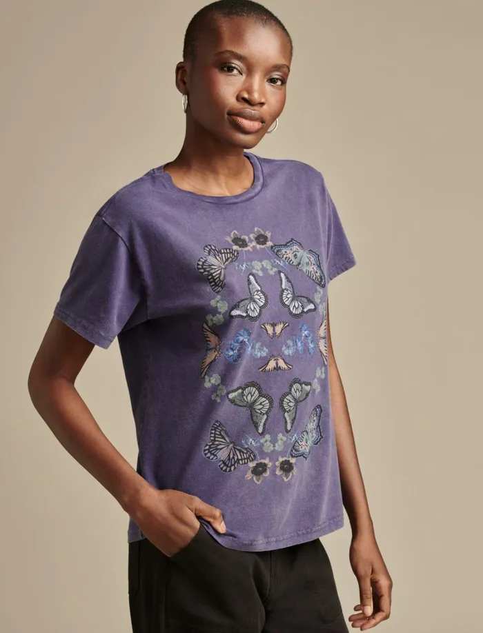 Lucky Brand Graphic Tees Women Butterflies Boyfriend Tee Blue Ribbon