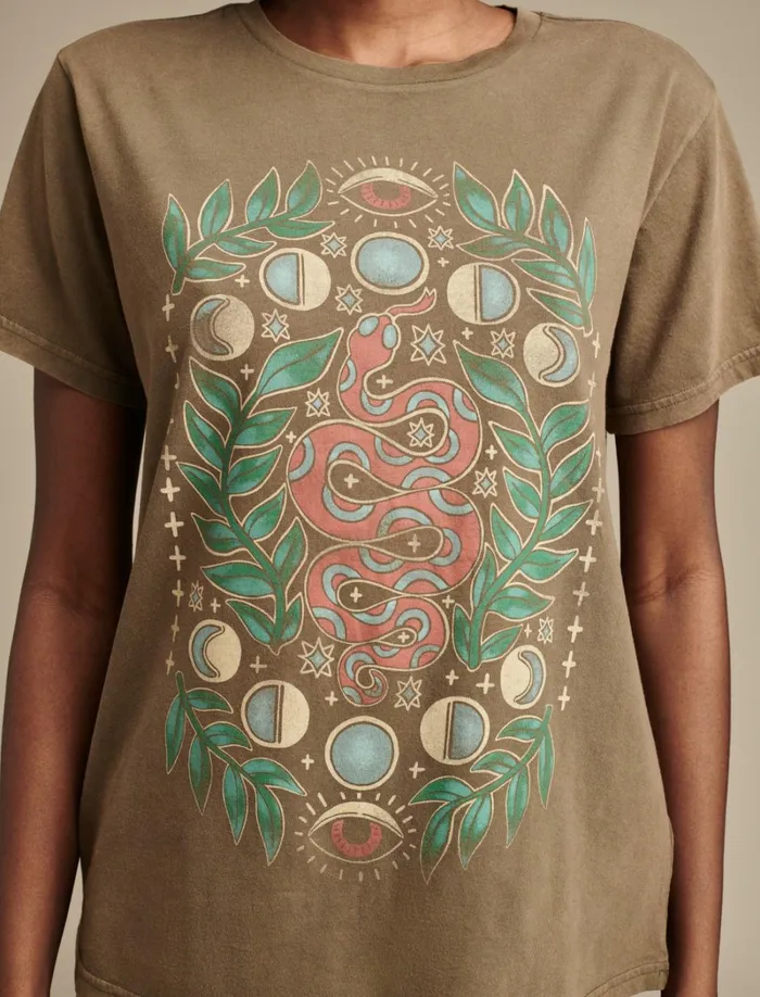 Lucky Brand Graphic Tees Women Celestial Snake Boyfriend Tee Grape Leaf