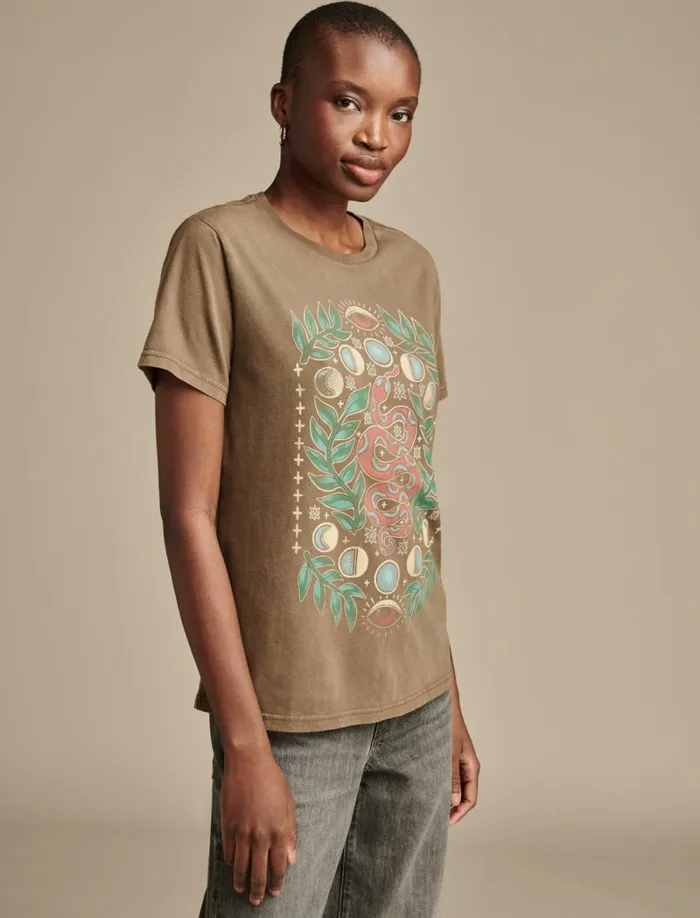 Lucky Brand Graphic Tees Women Celestial Snake Boyfriend Tee Grape Leaf