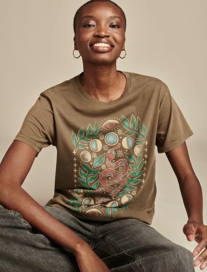 Lucky Brand Graphic Tees Women Celestial Snake Boyfriend Tee Grape Leaf