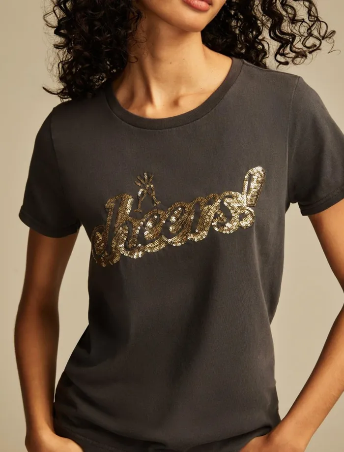 Lucky Brand Graphic Tees Women Cheers Classic Crew Jet Black