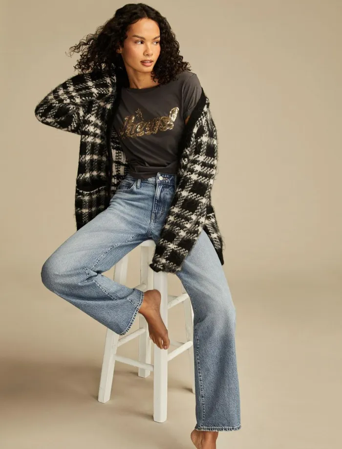 Lucky Brand Graphic Tees Women Cheers Classic Crew Jet Black