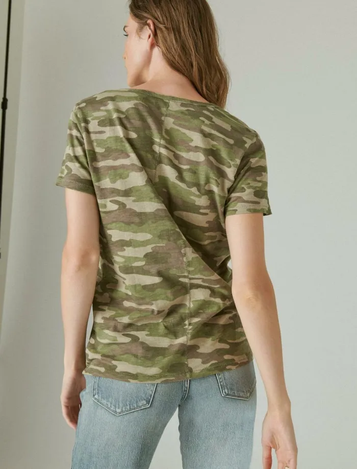 Lucky Brand Graphic Tees Women Classic VNeck Green Camo