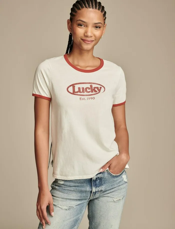 Lucky Brand Graphic Tees Women Lucky Logo Classic Crew Ringer Lilly White