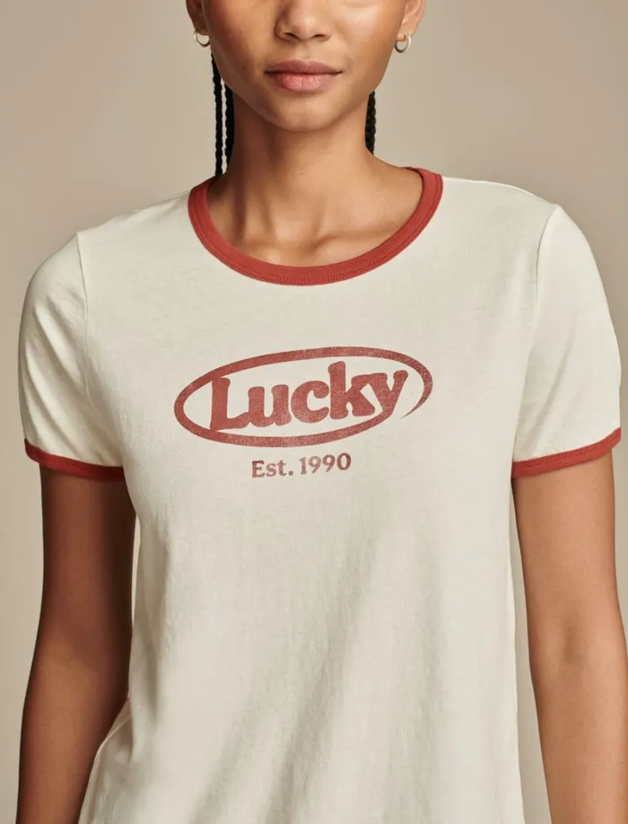 Lucky Brand Graphic Tees Women Lucky Logo Classic Crew Ringer Lilly White