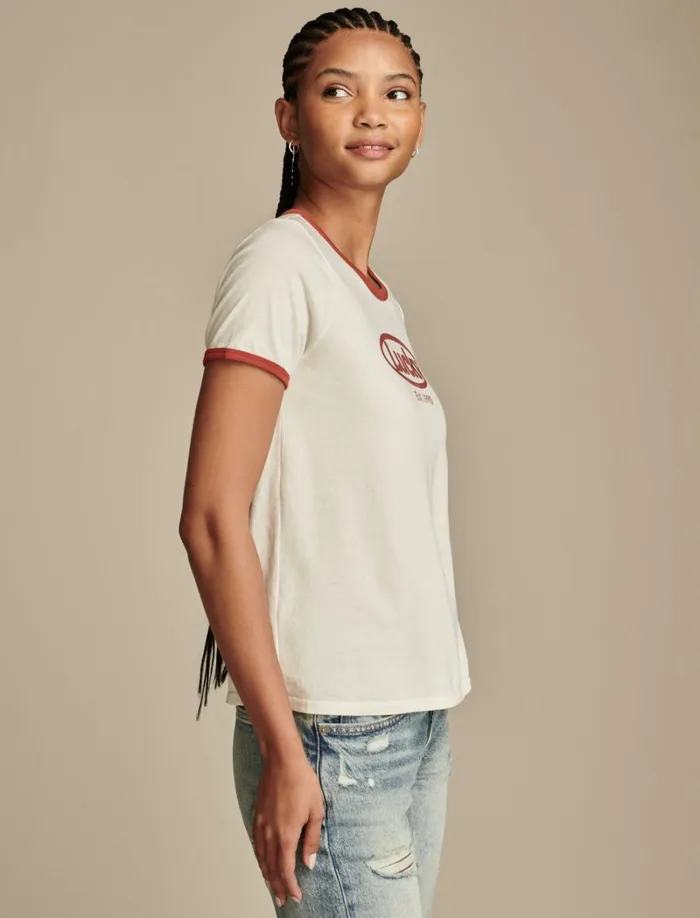 Lucky Brand Graphic Tees Women Lucky Logo Classic Crew Ringer Lilly White