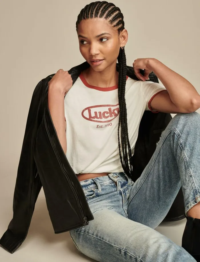 Lucky Brand Graphic Tees Women Lucky Logo Classic Crew Ringer Lilly White