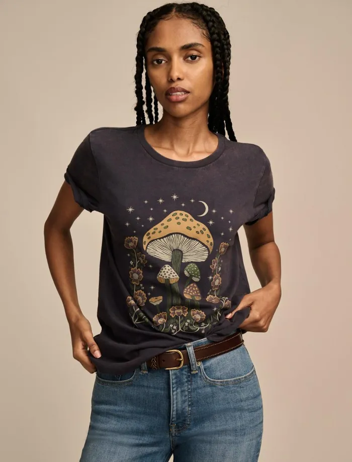 Lucky Brand Graphic Tees Women Mushroom Night Floral Classic Crew Blue Nights