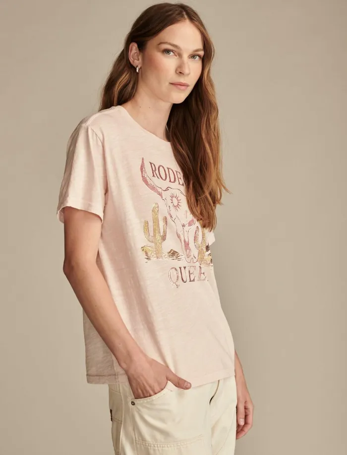 Lucky Brand Graphic Tees Women Rodeo Queen Boyfriend Tee Peach Blush