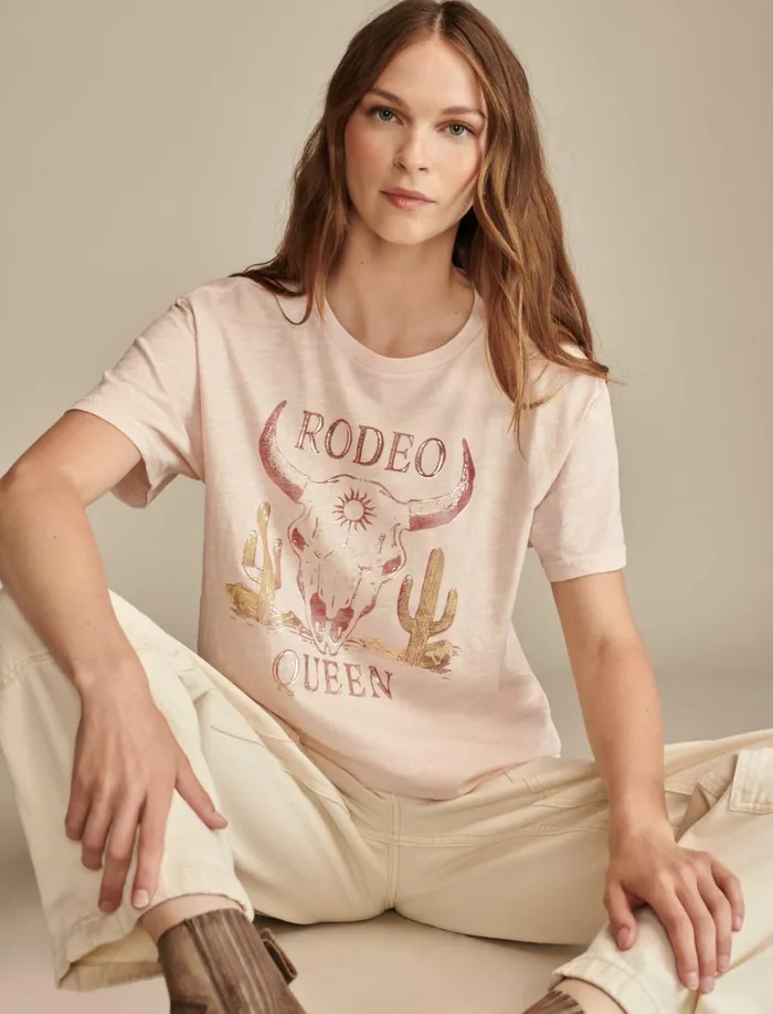 Lucky Brand Graphic Tees Women Rodeo Queen Boyfriend Tee Peach Blush