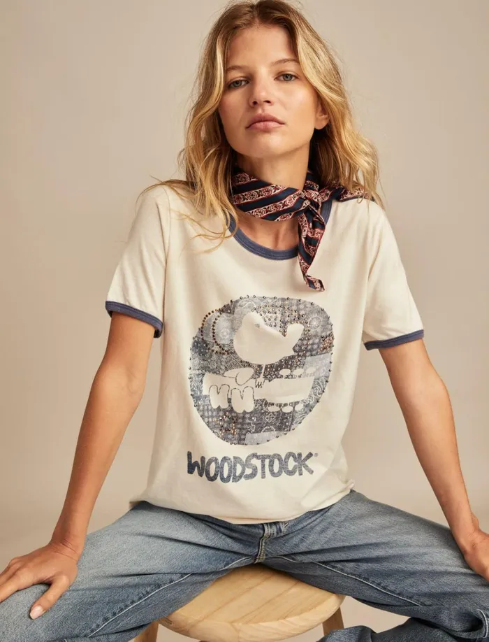 Lucky Brand Graphic Tees Women Woodstock Bandana Ringer Whisper White