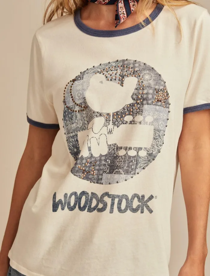 Lucky Brand Graphic Tees Women Woodstock Bandana Ringer Whisper White