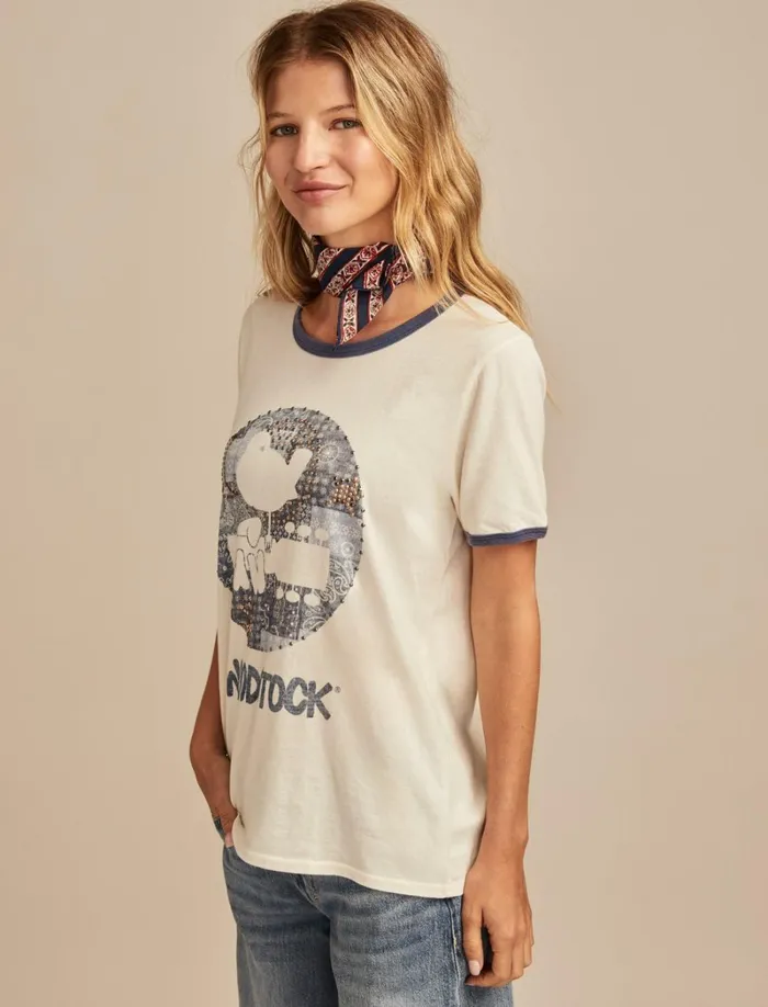 Lucky Brand Graphic Tees Women Woodstock Bandana Ringer Whisper White