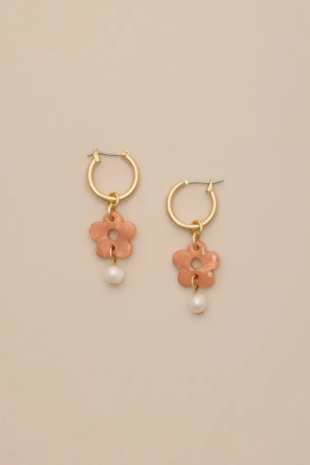 Lucky Brand Jewelry Women Acrylic Daisy and Pearl Hoop Gold