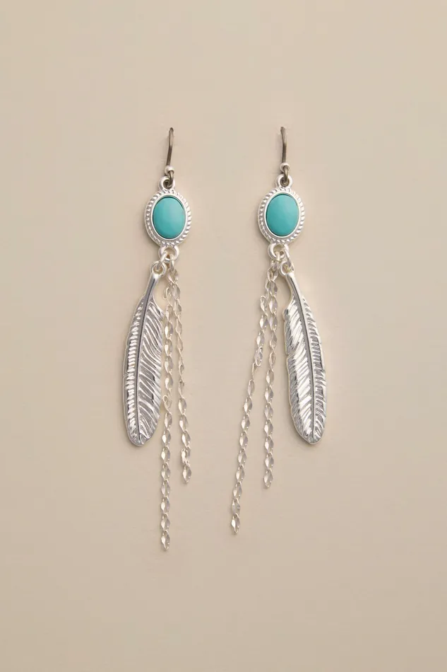 Lucky Brand Jewelry Women Turq Feather Drop Earrings Silver