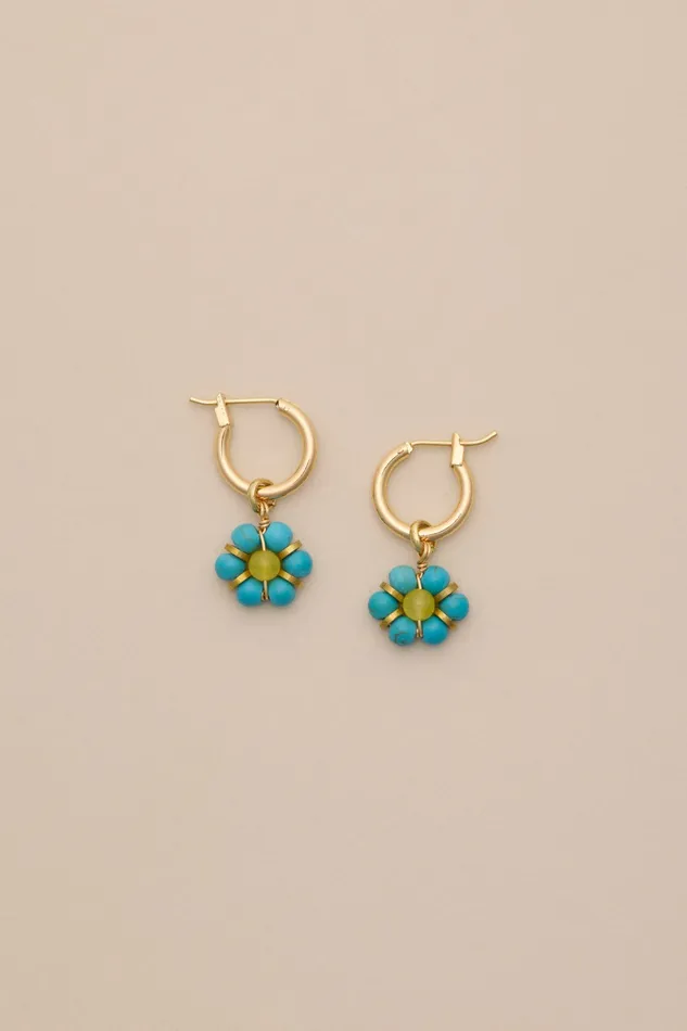 Lucky Brand Jewelry Women Turquoise Daisy Hoop Earring Gold