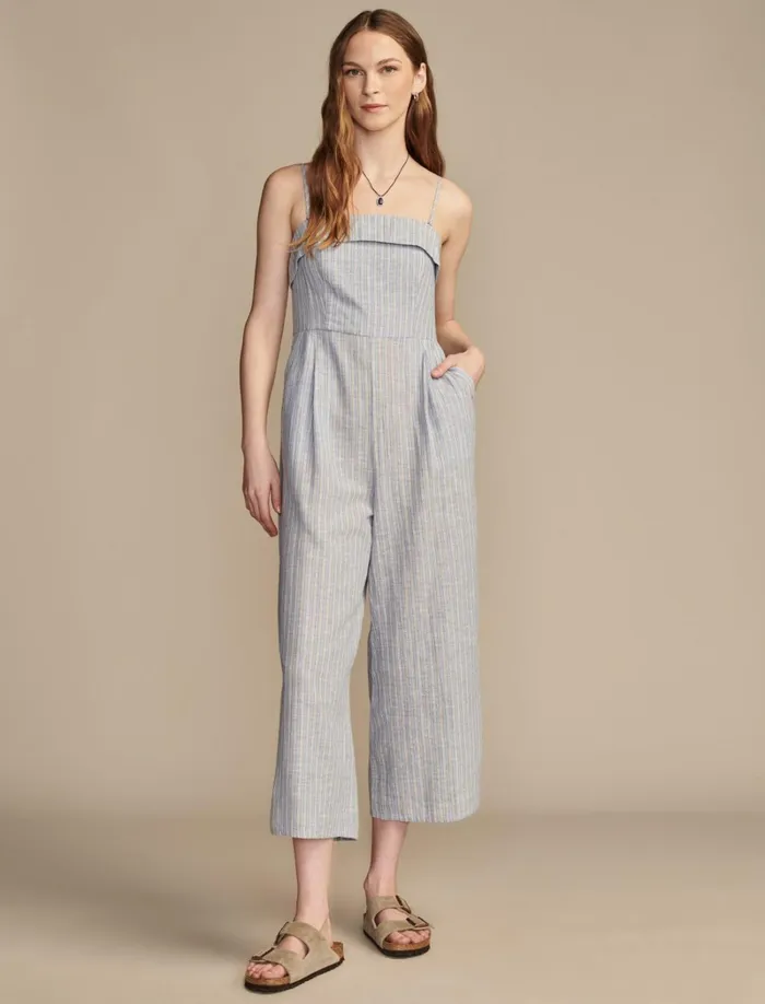 Lucky Brand Jumpsuits and Overalls Women Strapless Linen Overlay Jumpsuit Blue Jewel Stripe