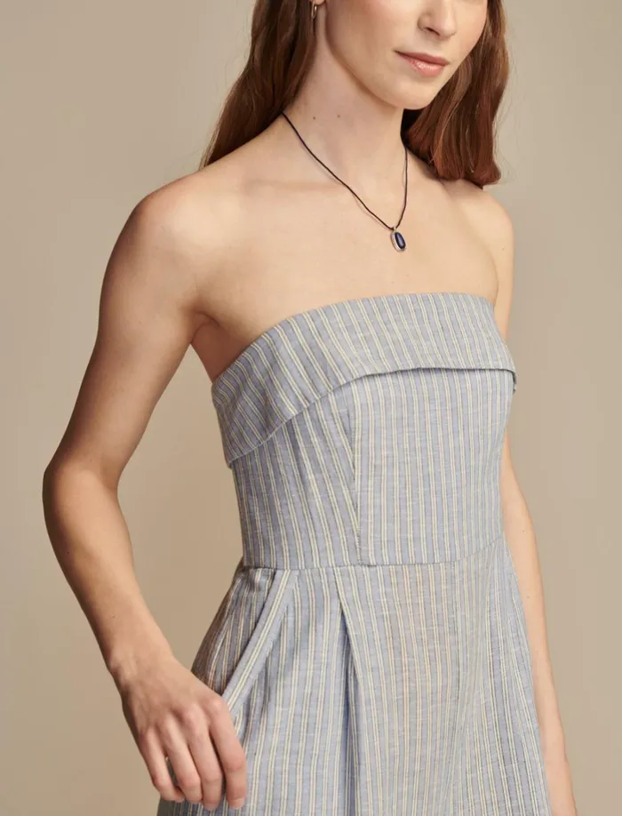 Lucky Brand Jumpsuits and Overalls Women Strapless Linen Overlay Jumpsuit Blue Jewel Stripe