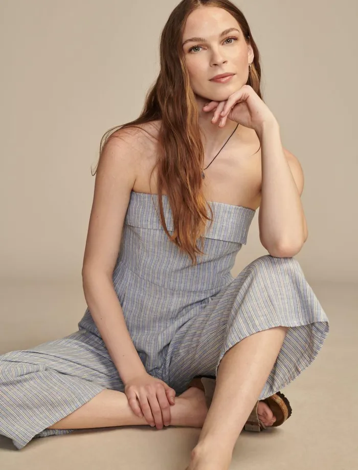 Lucky Brand Jumpsuits and Overalls Women Strapless Linen Overlay Jumpsuit Blue Jewel Stripe