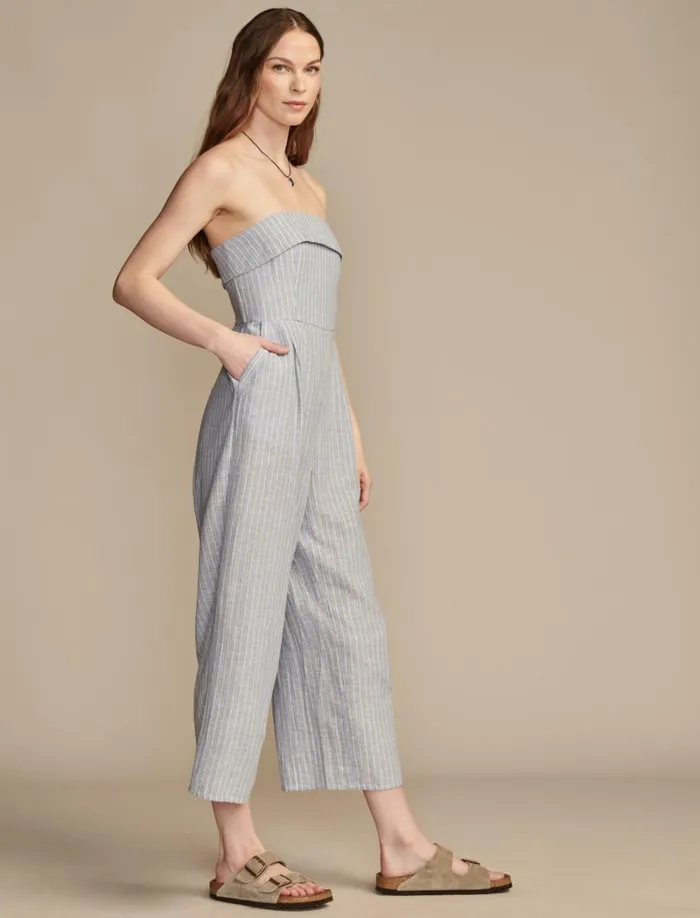 Lucky Brand Jumpsuits and Overalls Women Strapless Linen Overlay Jumpsuit Blue Jewel Stripe