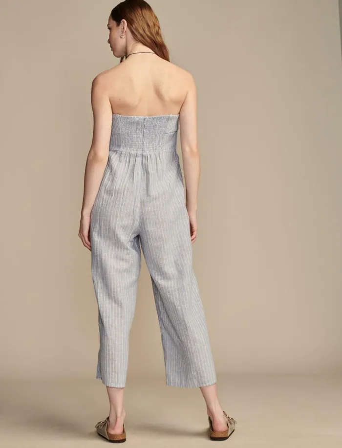 Lucky Brand Jumpsuits and Overalls Women Strapless Linen Overlay Jumpsuit Blue Jewel Stripe