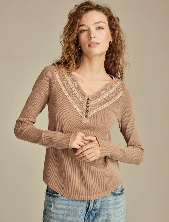 Lucky Brand Knit Tops Women Embroidered Mesh Yoke Henley Raw Umber