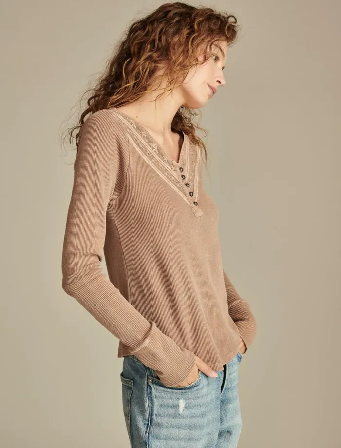 Lucky Brand Knit Tops Women Embroidered Mesh Yoke Henley Raw Umber