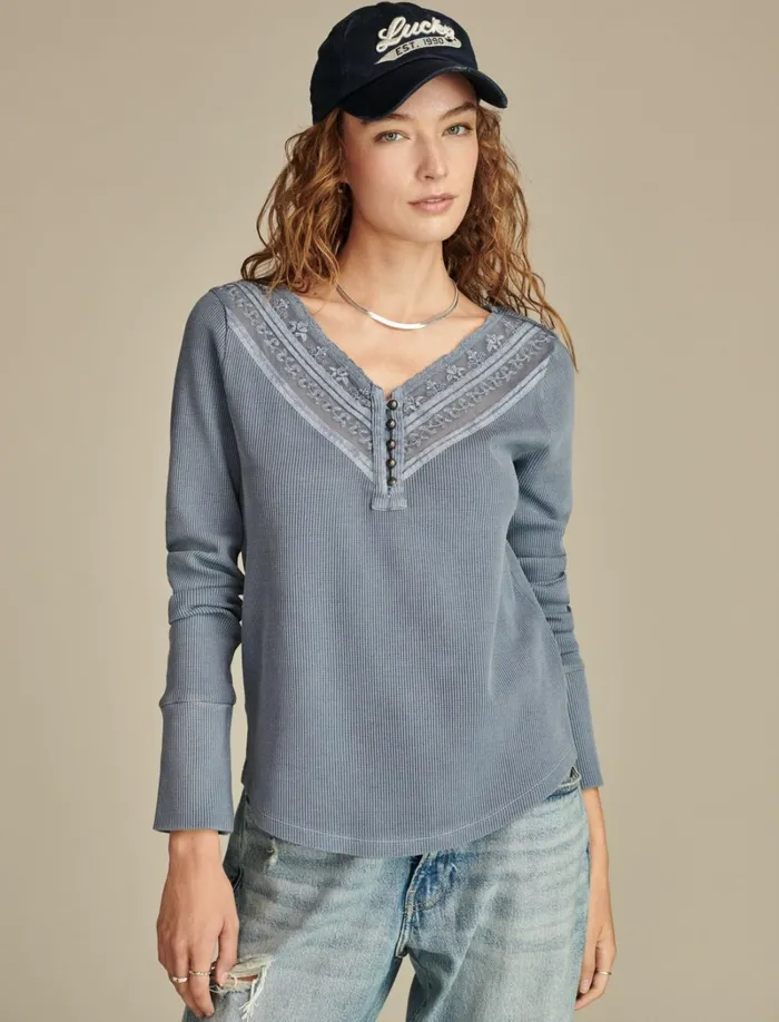 Lucky Brand Knit Tops Women Embroidered Mesh Yoke Henley Stonewash