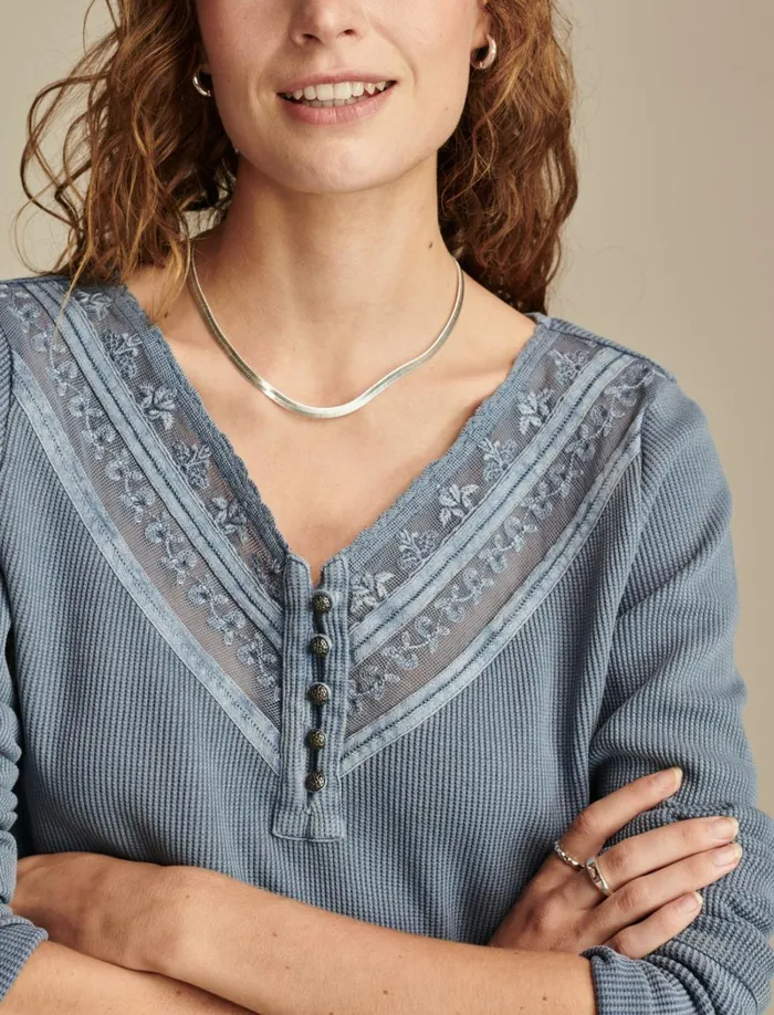 Lucky Brand Knit Tops Women Embroidered Mesh Yoke Henley Stonewash