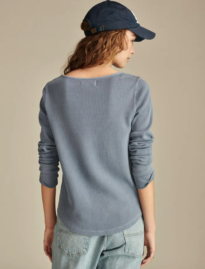 Lucky Brand Knit Tops Women Embroidered Mesh Yoke Henley Stonewash