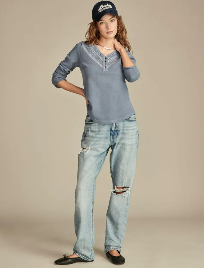 Lucky Brand Knit Tops Women Embroidered Mesh Yoke Henley Stonewash